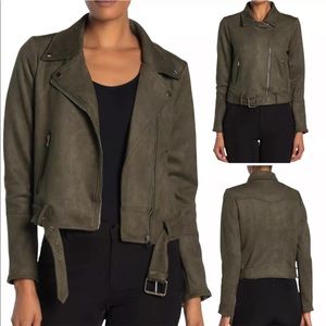 Laundry by Shelli Segal Green Faux Suede Moto Jacket Belt Large Grape Leaf $179